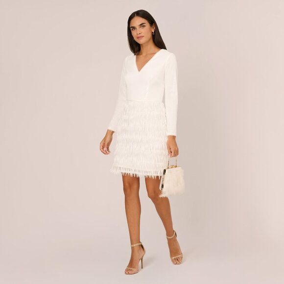 Adrianna Papell Long Sleeve Sequin Fringe Cocktail Dress In Ivory Size 4Ivory / - Picture 2 of 3